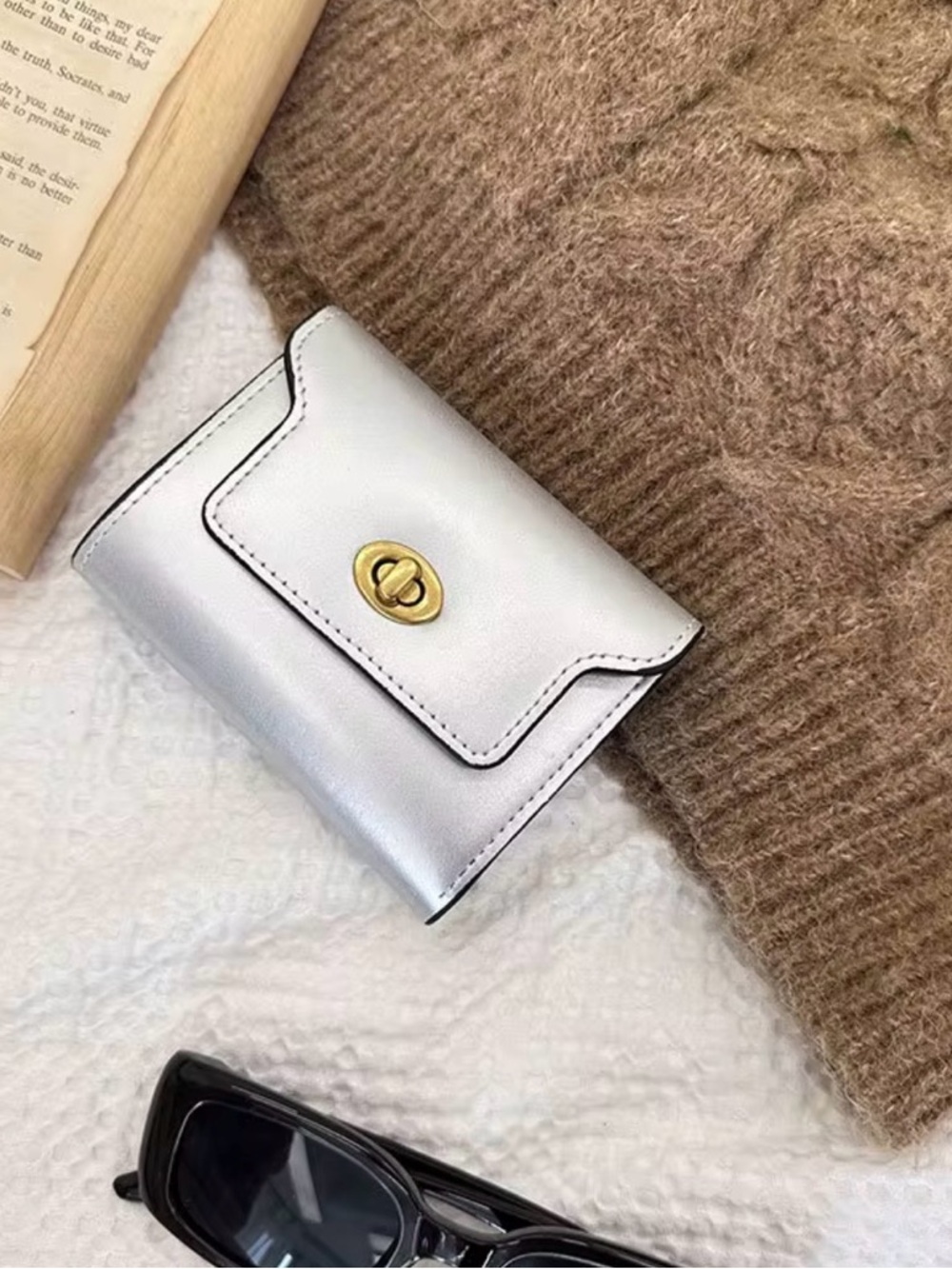 Compact Silver Turn-Lock Wallet for Women
